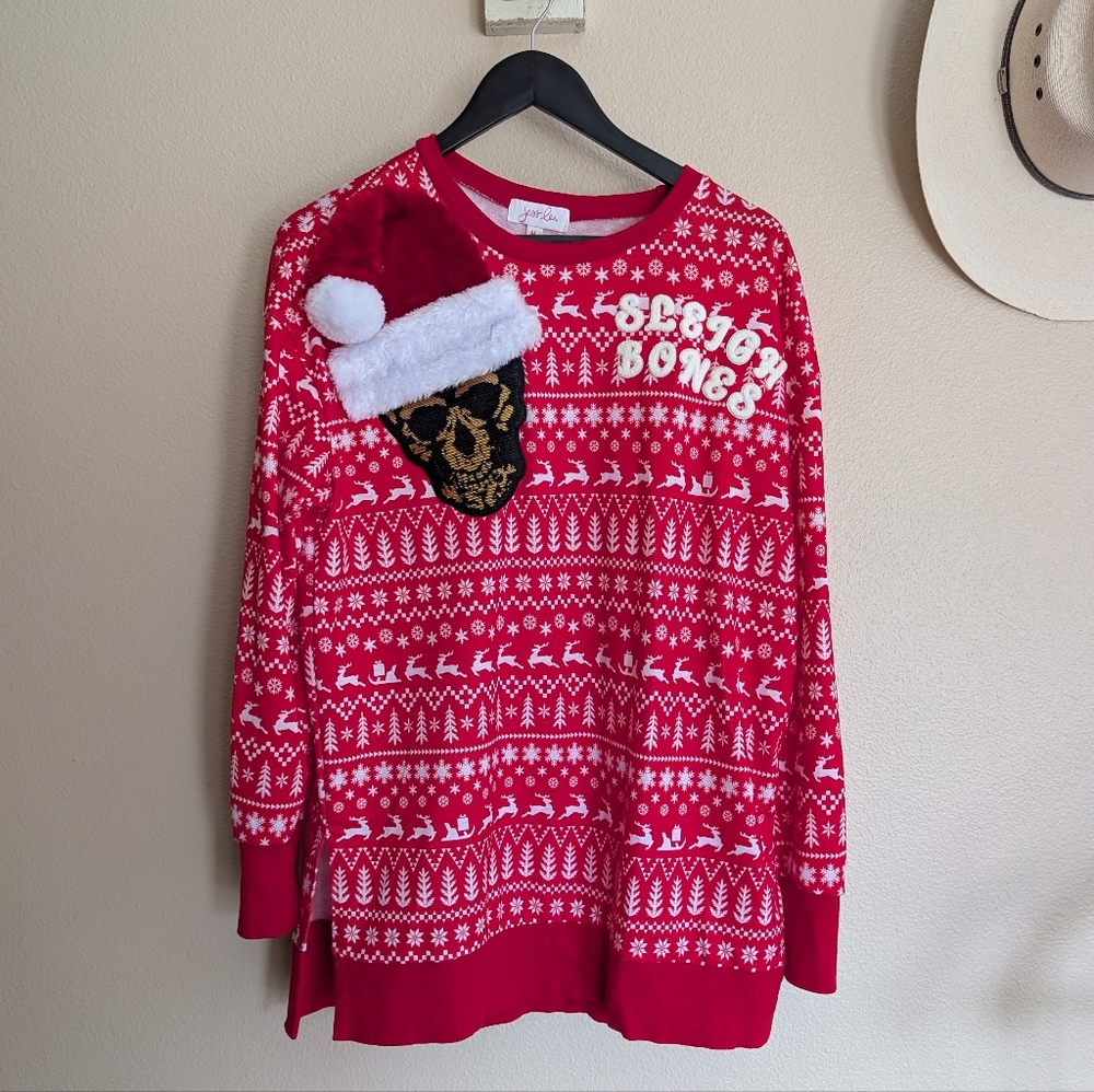 Sleigh Bones Christmas Sweater Custom Skull in Santa Hat Size Medium